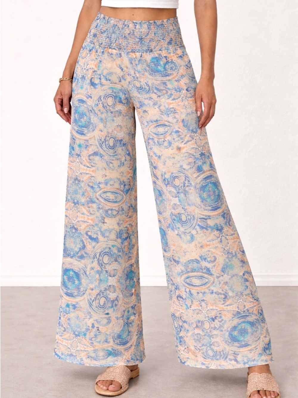 Boho Paisley Palazzo Pants – Smocked Waist, Flowing Wide Leg, Size Medium